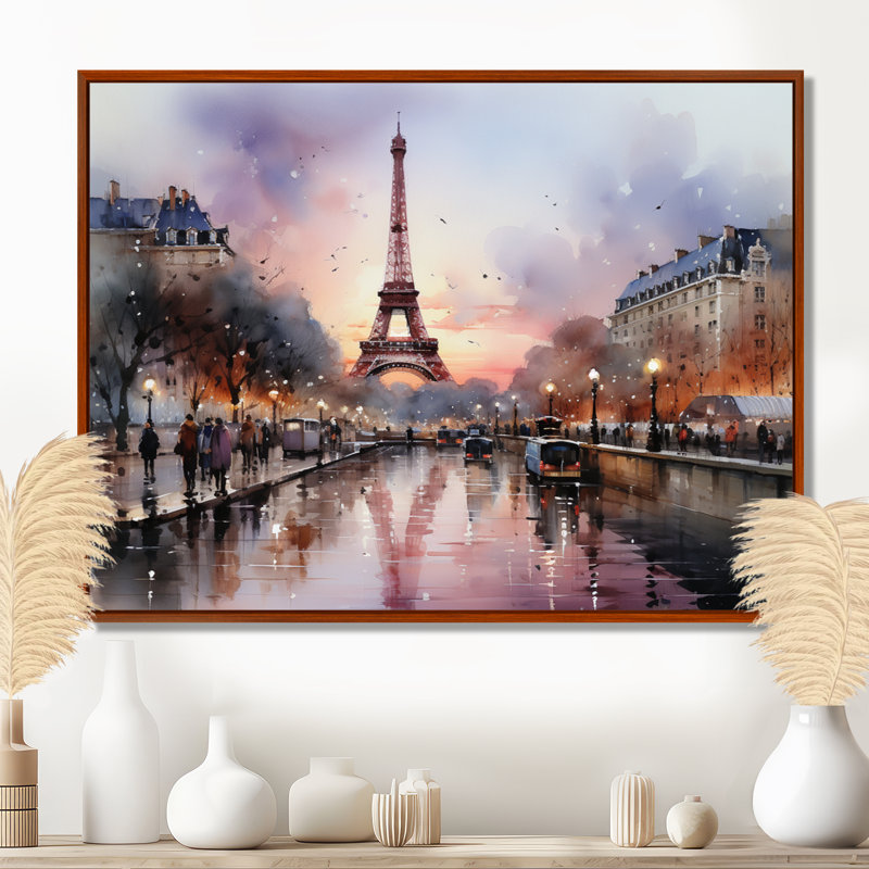 «Pink Twilight Rendezvous In Paris III» - Art mural, parcs d'attractions, H 12 po x l 20 po x P 1 po, Cadre flottant brun