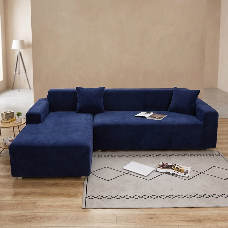 Housse de canapé en L épais en velours - Housse de canapé modulaire avec 2 housses de coussin décoratif, Bleu marine