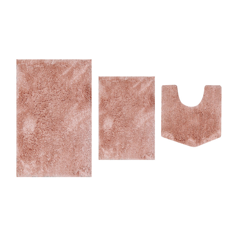 Elegance Bathroom Rug Mat Set 3 Piece, Microfiber Shaggy Bath Set, Non-Slip Ultra Soft Carpet Mats, Absorbent with U-Shaped Toilet for Bathroom, Tub, Shower, Coral