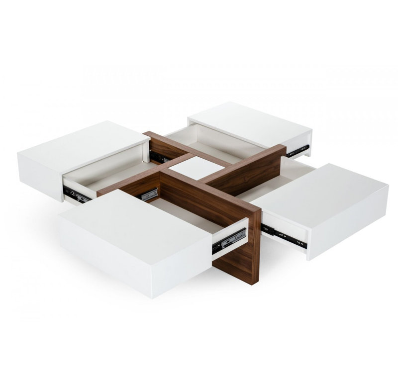 Table basse carrée en bois massif brun et blanc 39 po à quatre tiroirs 39 po