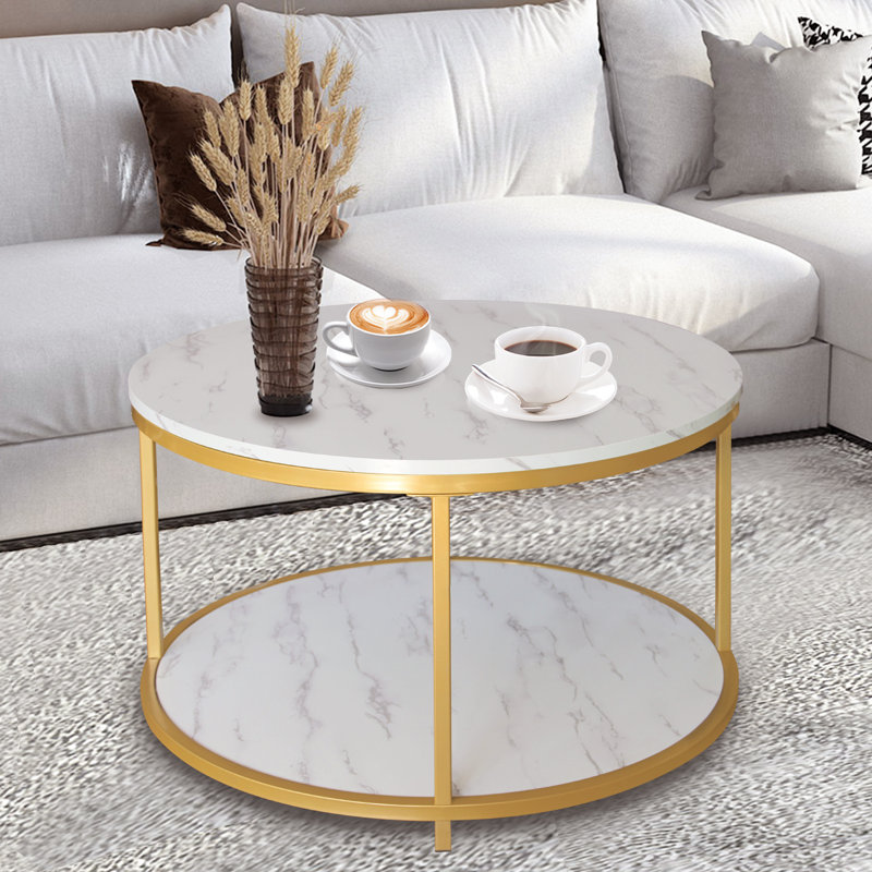 Coffee Table, Gold Metal Rack, White Artificial Marble