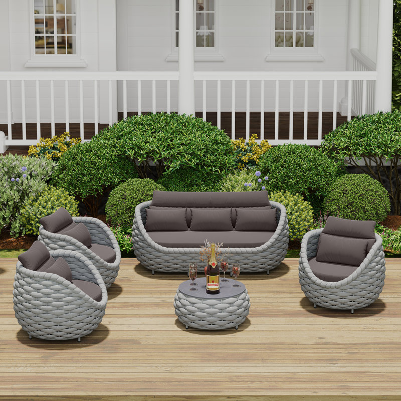 Fully Assembled Altuminum Frame PVC-coated polyester Rope  6 - Person Outdoor Seating Group With Cushions And Round 14.2'' Coffee Table with Pattern Tile Tabletop for Patio Porch Balcony Terrace Garden