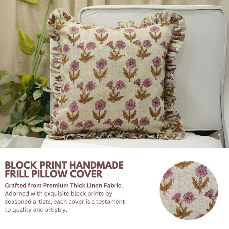 Fabdivine Floral Linen Frill Pillow Cover for Home Décor