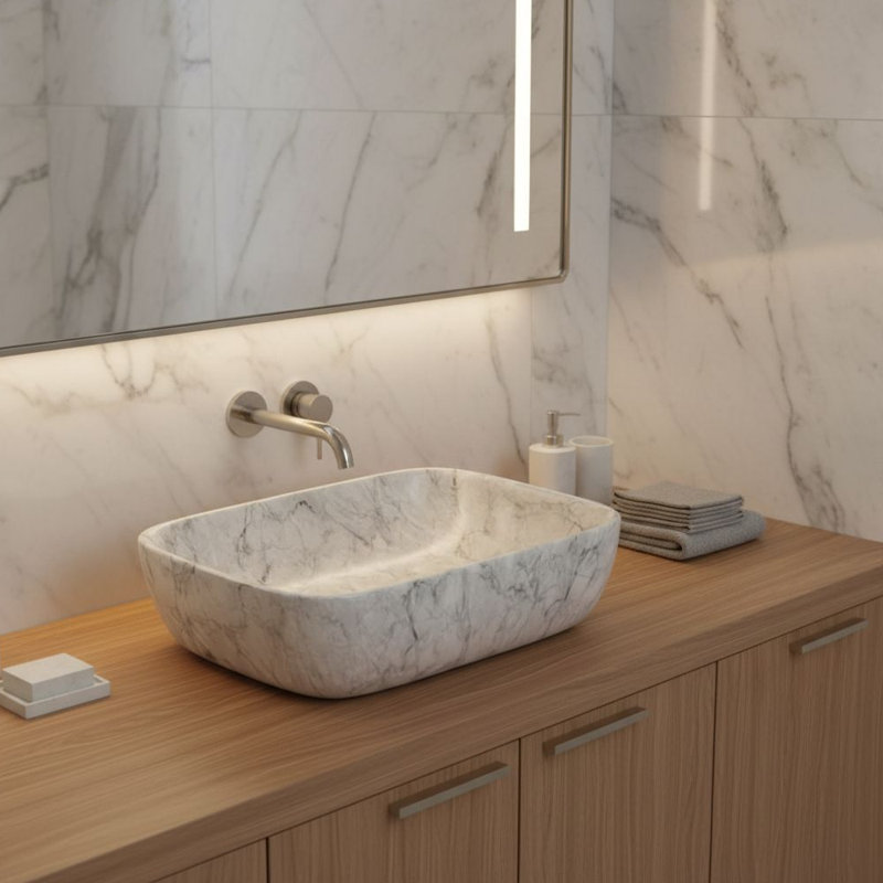 19" White Marble Rectangular Ceramic Vessel Sink, Modern Above Counter Bathroom Basin