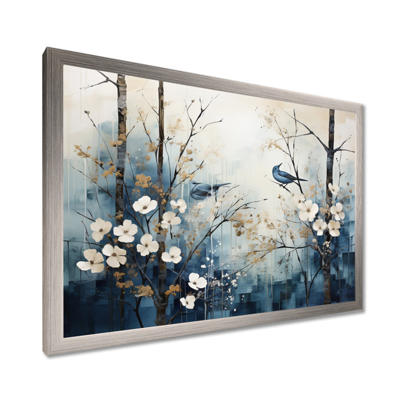 «Blue and White Forest Winter Harmony I», art mural sur toile, H 12 po x l 20 po x P 1 po, Cadre simple argenté