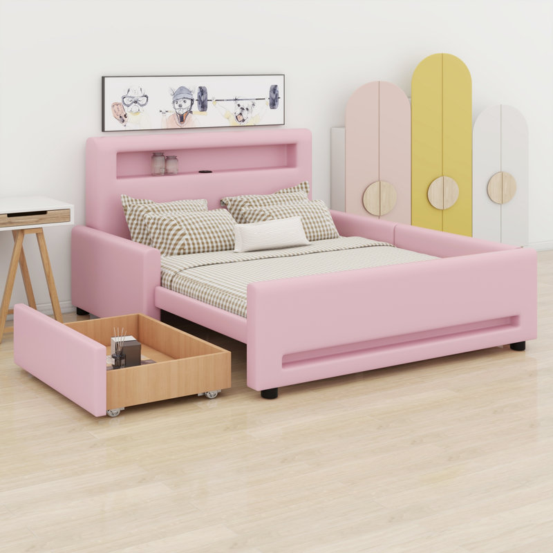 Lit plateforme tapissier Modern Luxe avec bande DEL, port USB et tiroir de rangement, Rose