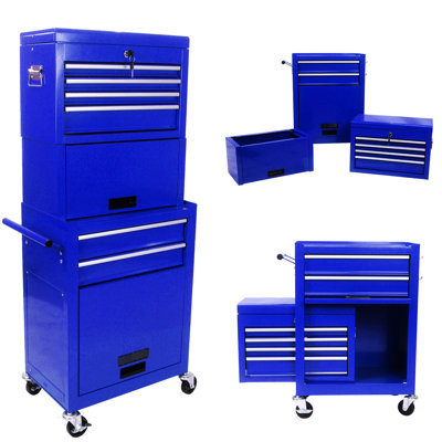 6 Detachable Storage Chest Cabinet - Metal, 4 Wheels, 220Lbs Capacity, Blue For Garage Tool Stand Rolling With Universal Powder Coated, Workshop
