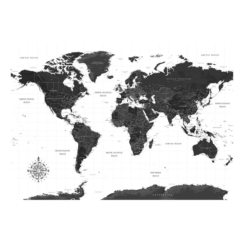 Murale carte du monde pelez et collez - carte en noir et blanc - décalcomanies murales amovibles, L 41 po x l 57 po