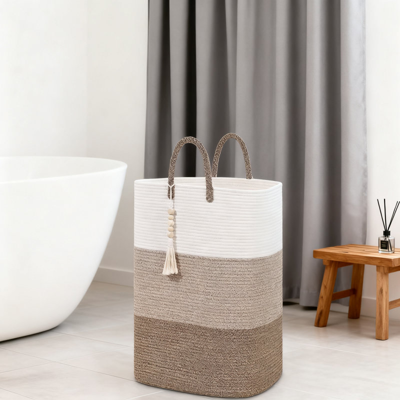 Woven Laundry Basket With Wooden Bead Tassel, Large Capacity Foldable Storage Hamper For Clothes, Toys And Home Organization, Durable Cotton Material For Bedroom And Nursery
