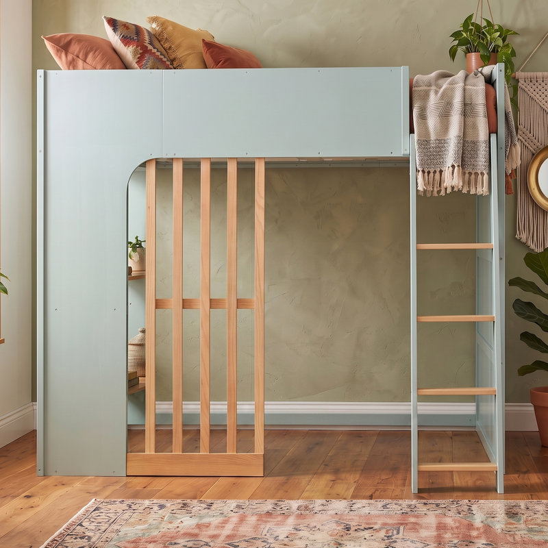 Lit mezzanine en bois, taille standard, avec étagères de rangement, échelle et tiroir sous le lit, lit d'appoint pour enfant, vert menthe et chêne naturel