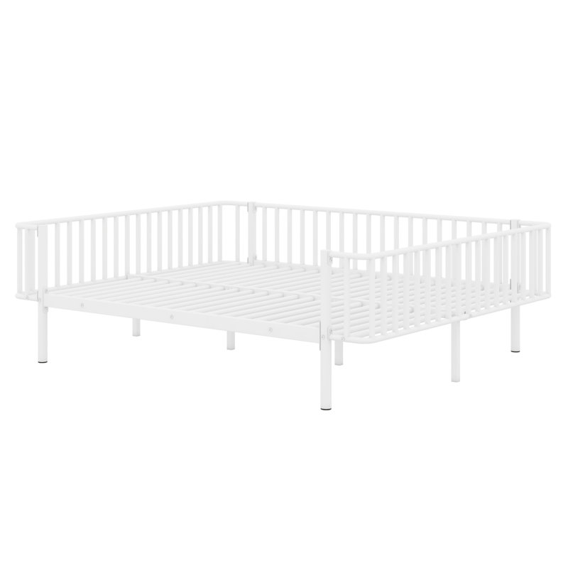 Structure de lit de jour minimaliste en métal avec base en lattes robustes, White, Grand lit