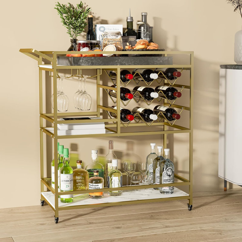 36"H Mirvjena 3 Tier Metal Bar Cart with Wine Rack for Kitchen Living Room Party, Elegant Gold