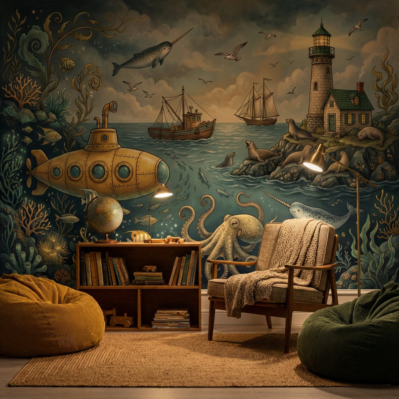 Papier peint sous-marin avec phare sous-marin, 100 po x 96 po, Non tissé