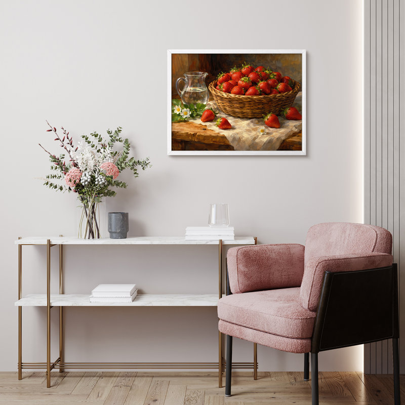Strawberry Basket Framed Wall Art Prints - Fresh strawberries still life for kitchen, H 8 po x l 10 po, Blanc