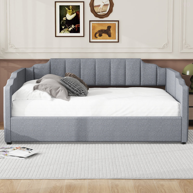 Lit de jour rembourré avec rangement inférieur, Gris, Lit double