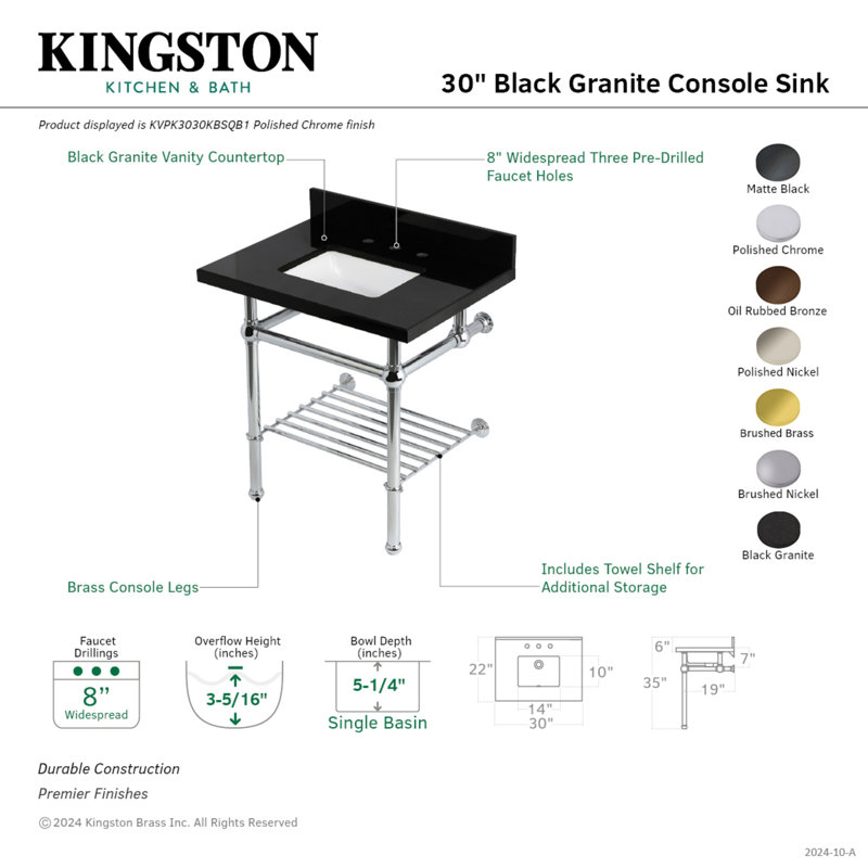 Kingston Brass Templeton 30-Inch Black Granite Console Sink with Brass Legs and Shelf (8-Inch, 3-Hole)