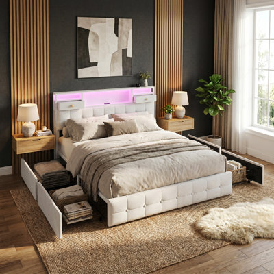Velvet Storage Bed with 4 Drawers, Tufted Headboard with RGB LED & Charging Station, Beige/Grey, EU Double & King Size 140/160x200cm