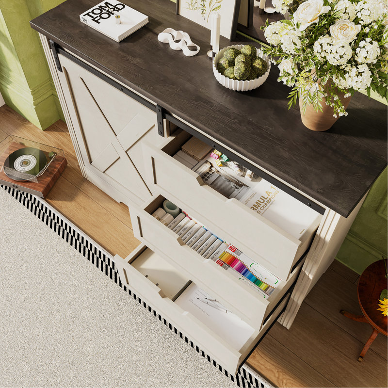 Storage Cabinet with Silent Sliding Doors and Three Drawers, Beige/Brown