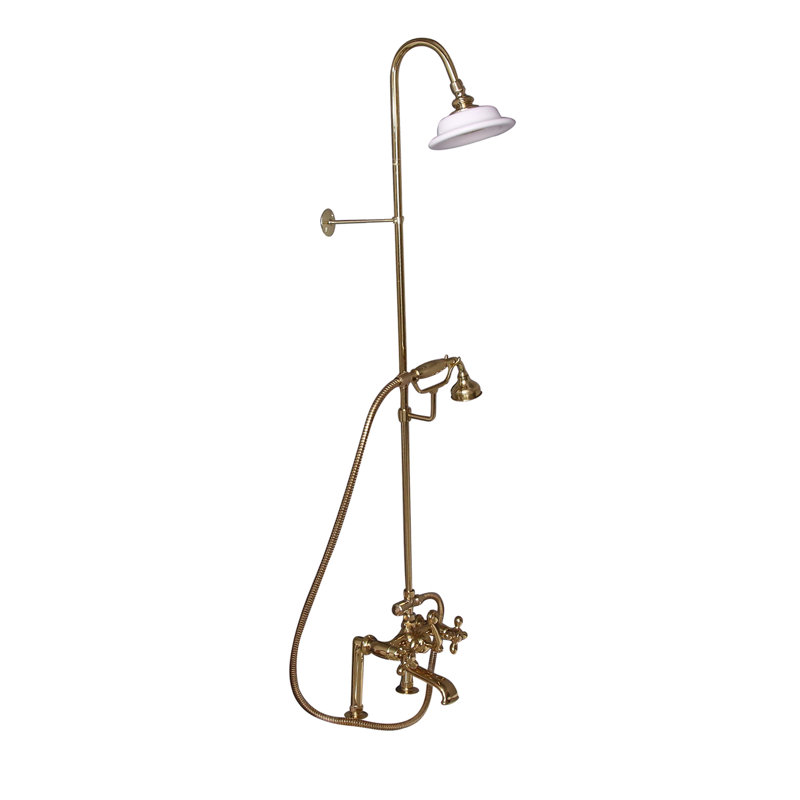 Garniture de robinet de baignoire sur pattes à trois poignées avec inverseur et douchette, Laiton poli, Croix