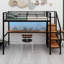 Lit mezzanine en métal avec bureau, escalier de rangement, petite armoire et lumière DEL-1860542030