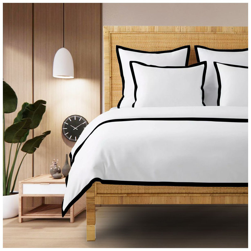 400TC Cotton Sateen Edge Border Frame Duvet Cover Set, California King Duvet Cover + 2 King Shams, White/Black