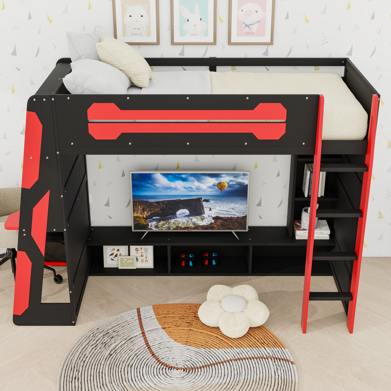 Lit mezzanine simple en bois avec bureau, bande lumineuse, tablettes de rangement et échelle, Rouge