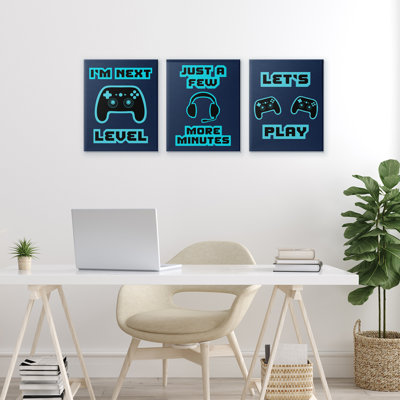 Ensemble de 3 toiles rétro avec mots de jeu bleus, design par Marcus Prime