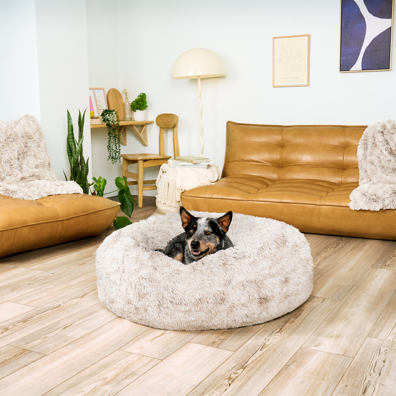 Large Gray Faux Fur Orthopedic Donut Dog Bed