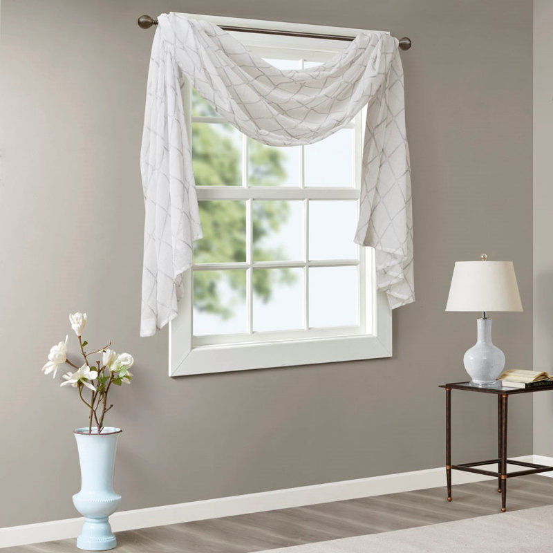 Écharpe de fenêtre transparente brodée diamant, Gris / Blanc, L 50 po x L 144 po