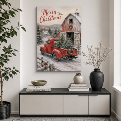 «Merry Christmas Red Truck Holiday», art de salon, impression sur toile encadrée