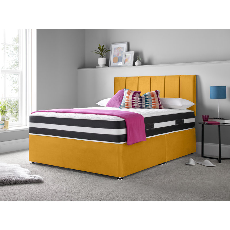 Madelief Upholstered Bed with Mattress, Mustard, Small Double (4'), No Drawers