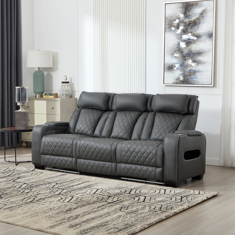 Faux Leather Electric Reclining Sofa, Charcoal, 3