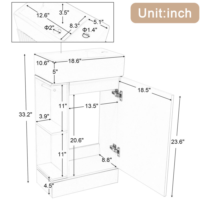 18.6" Bathroom Vanity With Sink, Cabinet, Ceramic Shelf And Toilet Paper Holder, Left Or Right Install Available Sink Unit, Material Positionable Mount Plus Three
