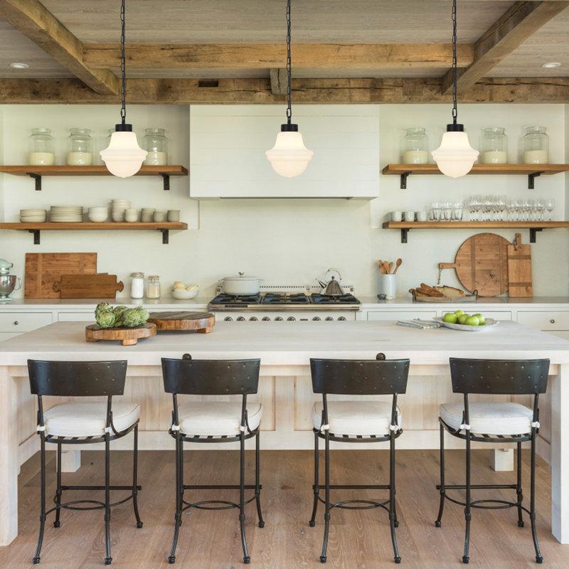 Myrtis 8.26 in. 1-Light Schoolhouse Metal Pendant Light with Frosted Opal Glass Shade Adjustable Pendant, Matte Black
