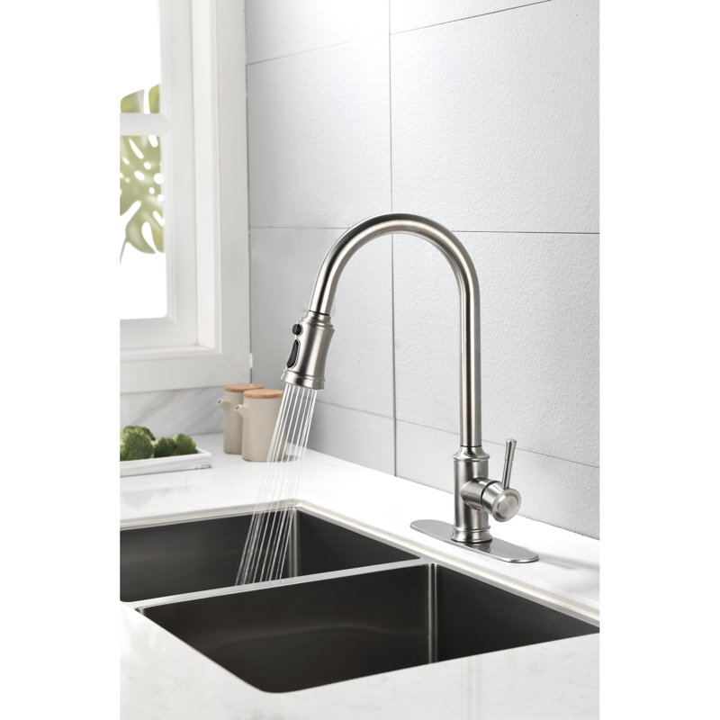 Robinet de cuisine en nickel brossé avec fonction rétractable et corps en acier inoxydable, Nickel brossé