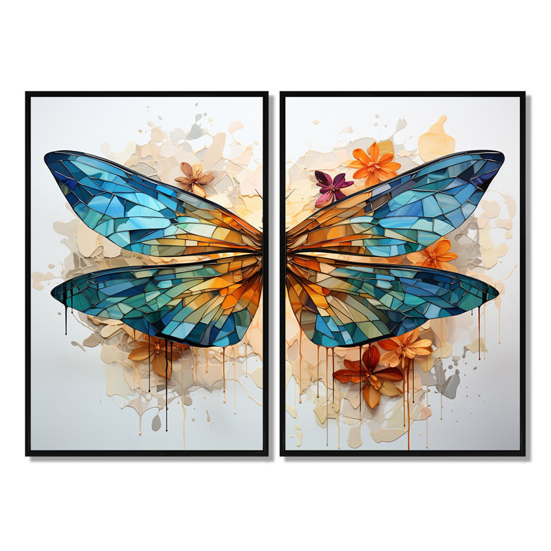 Libellule bleu sarcelle vol éthéré I - ensemble de 2 reproductions d'art moderne sur toile, Noir, H 36 po x l 48 po