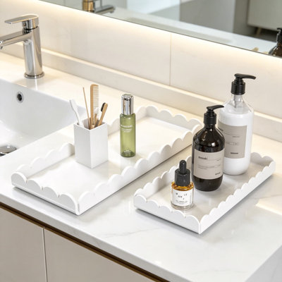 2 Pack Scalloped White Acrylic Bathroom Vanity Tray for Counter, Clear Acrylic Trays for Organizing Perfume, Sponge, Soap, Makeup Storage Holder, Toilet Tray for Home Organization