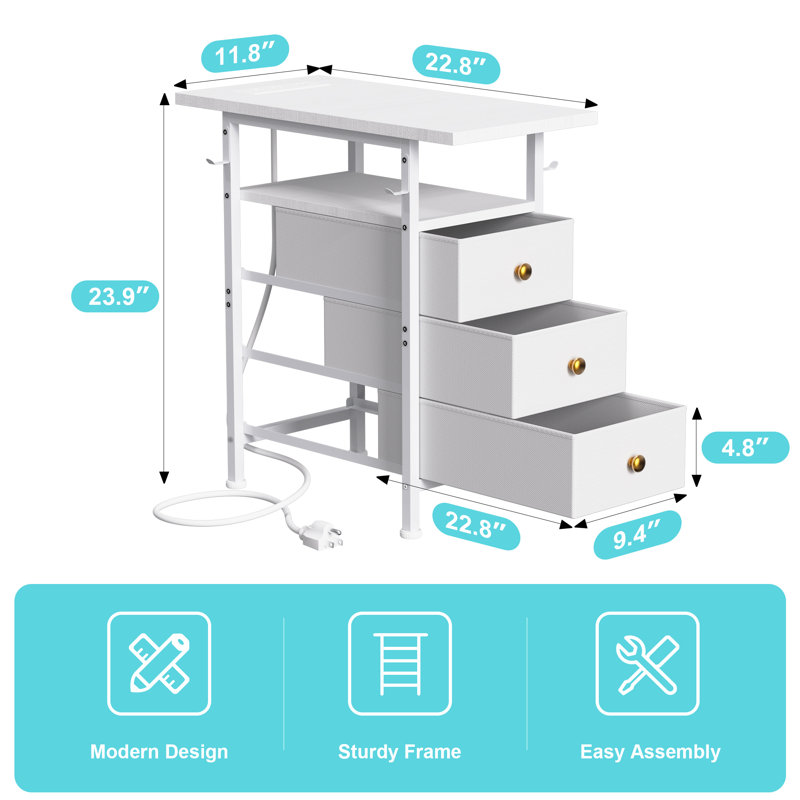 End Table with Charging Station, Nightstand with Fabric Drawers, Side Tables with USB Ports, White