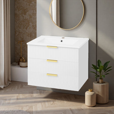 Armoire murale suspendue 24 po avec tiroir double, petit lavabo de salle de bain rectangulaire flottant avec trou de robinet simple et trop-plein, armoire de salle de bain moderne avec lavabo en céramique