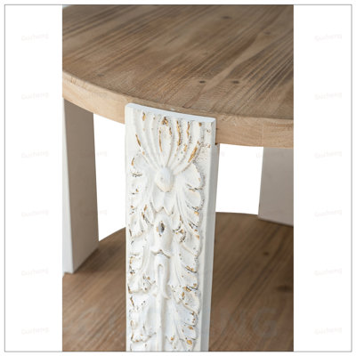 Table d'appoint ronde en bois à deux niveaux avec pieds patinés, parfaite pour un décor rustique et campagnard