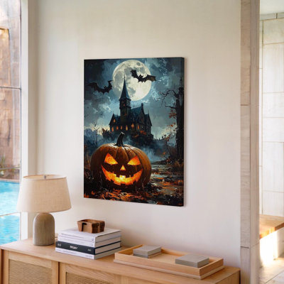 Wall Art Canvas Haunted Mansion And Jack O Lantern Gothic Halloween Moonlit Scene Ready To Hang Gallery Wrapped Home Decor Modern Design
