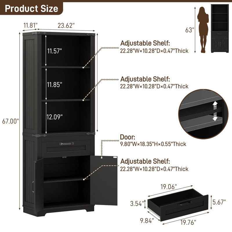 Bookshelf With Storage Cabinet & Adjustable Shelves, Black