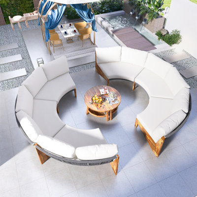 3-Piece Outdoor Sofa Set That Can Accommodate 6 People, 2 Semi-Circular Sofas, Modular Multifunctional Acacia Wood Coffee Table, Weather Resistant Terrace Sofa, Comfortable Garden And Backyard Furniture, Easy To Install