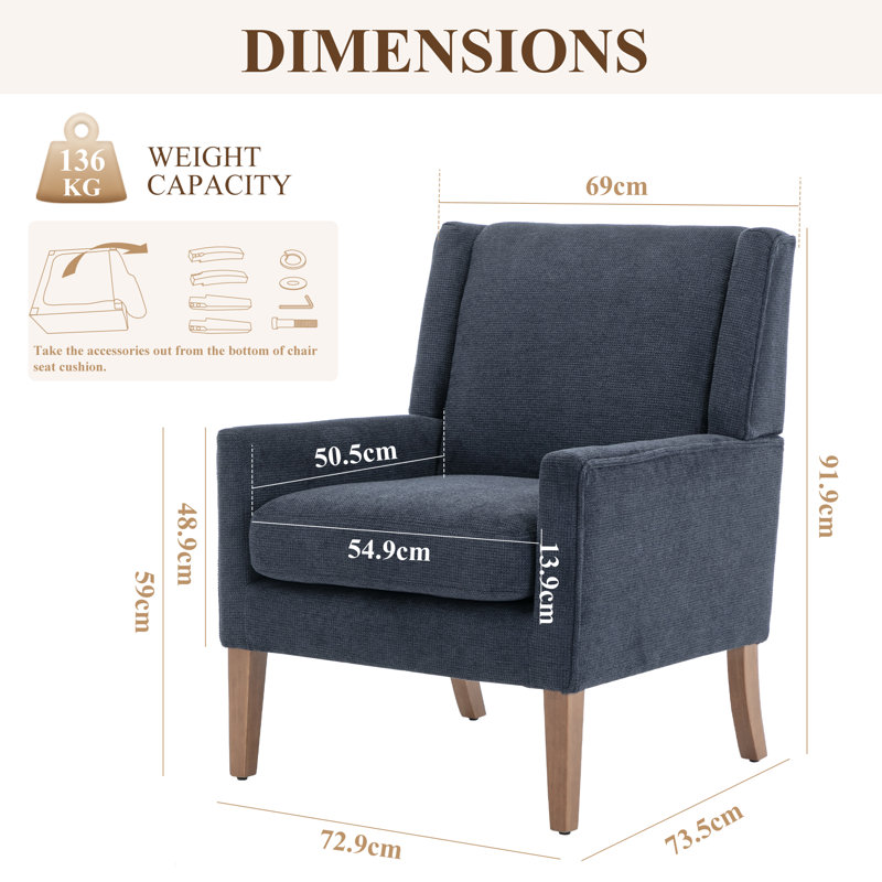Solid Wood Upholstered Arm Accent Chair,Breathable Fabric Wingback Chair, Suitable for Living Room, Bedroom, Blue