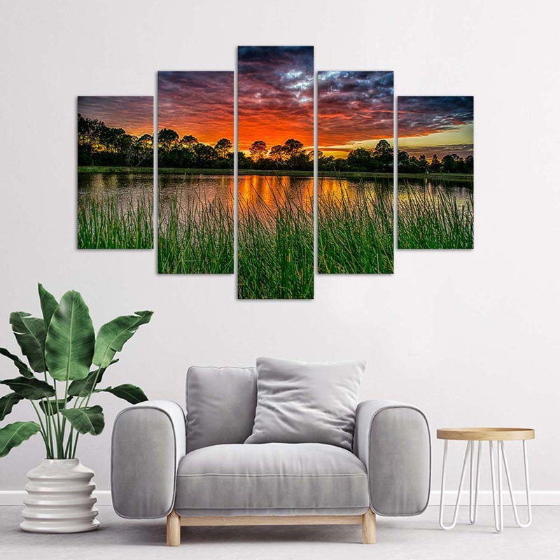 Sunset Lake - 5 Piece No Frame Print on Canvas, 70cm H x 100cm W