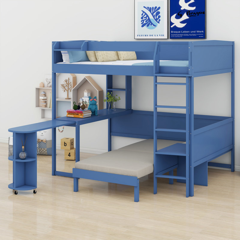 Versatile Loft Bed with Desk, Bedside Shelf, Sofa & Light, Navy Blue