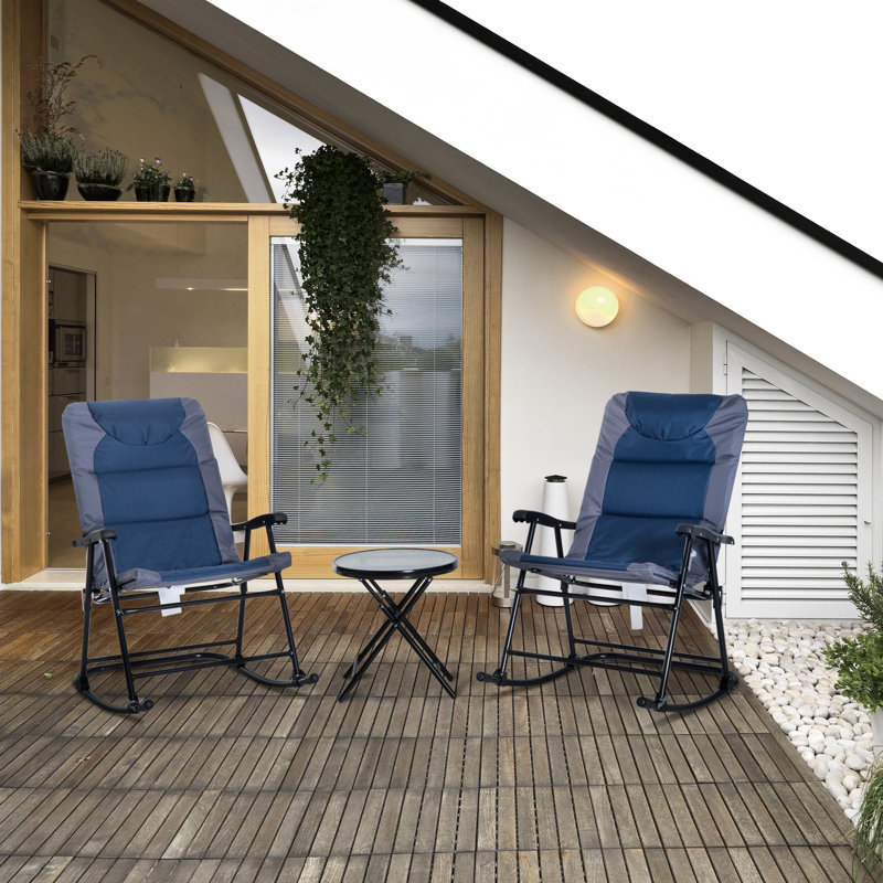 Ensemble de patio extérieur 3 pièces: 2 chaises berçantes et table basse en verre, style bistro, porche, camping, balcon, ensemble de 3 pièces avec structure rouille et bleu marine
