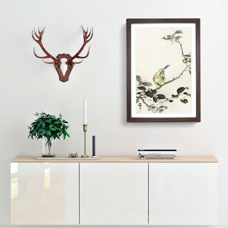 Bunting Bird on a Blossom Branch by Ohara Koson - Picture Frame Art Print, 48cm H x 36cm W x 2cm D, Walnut Framed