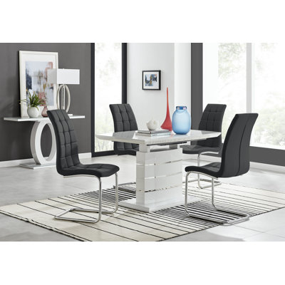 Renne Modern High Gloss Extendable Dining Table Set With 4 Modern Faux Leather Dining Chairs