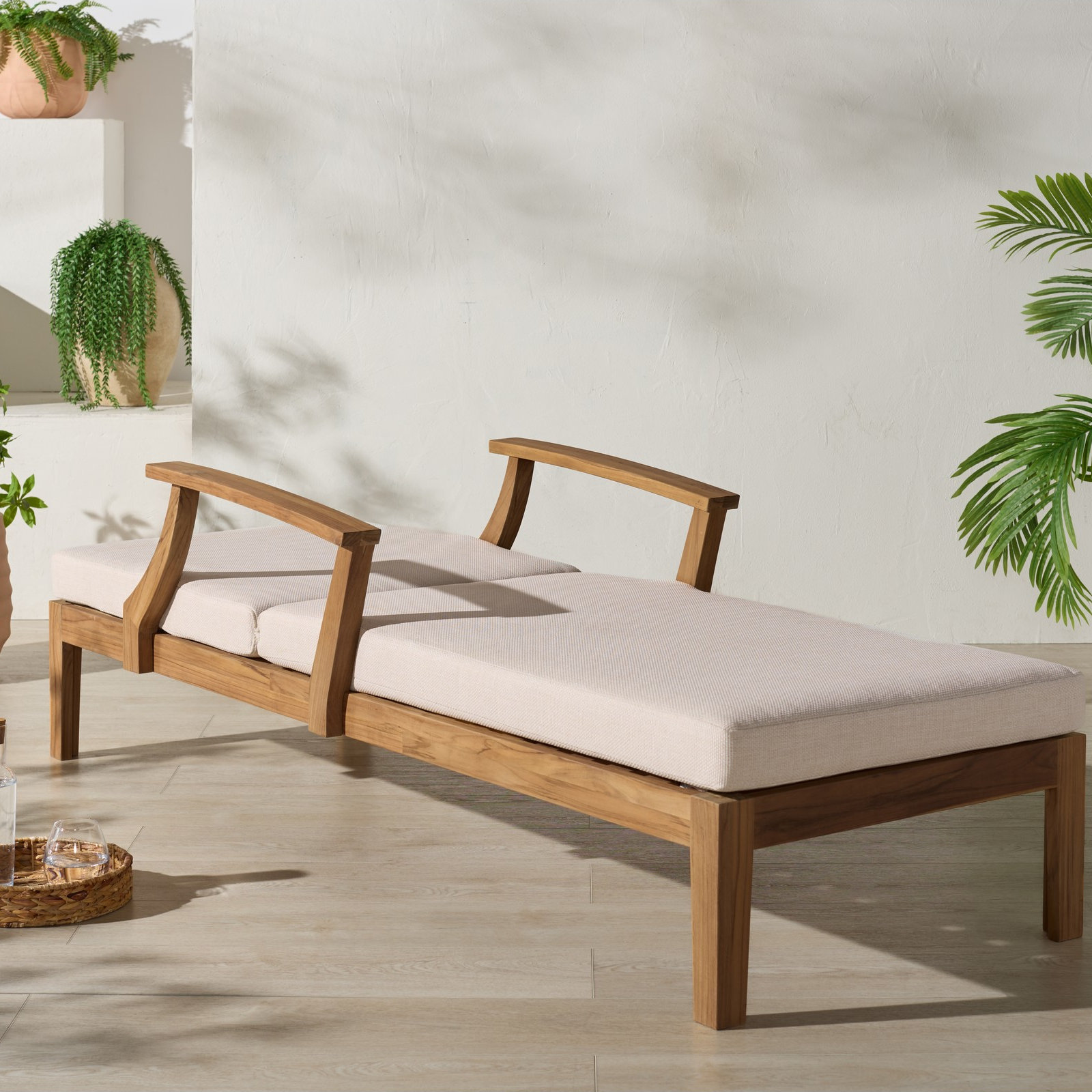 Clairmont Patio Chaise Lounge, White Cushion /Natural Teak Wood Frame